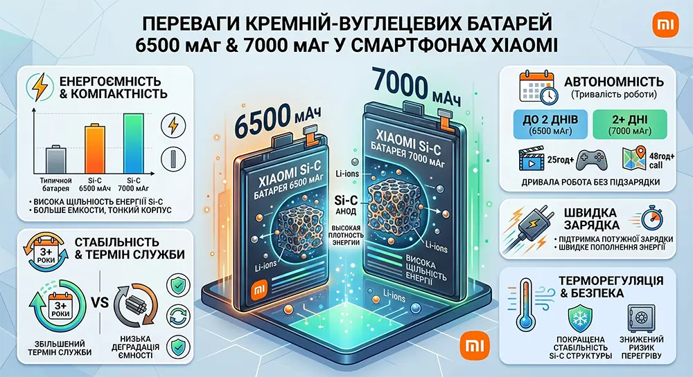 Інфографіка, що показує переваги кремній-вуглецевих батарей 6500 мАг та 7000 мАг у нових смартфонів Xiaomi.